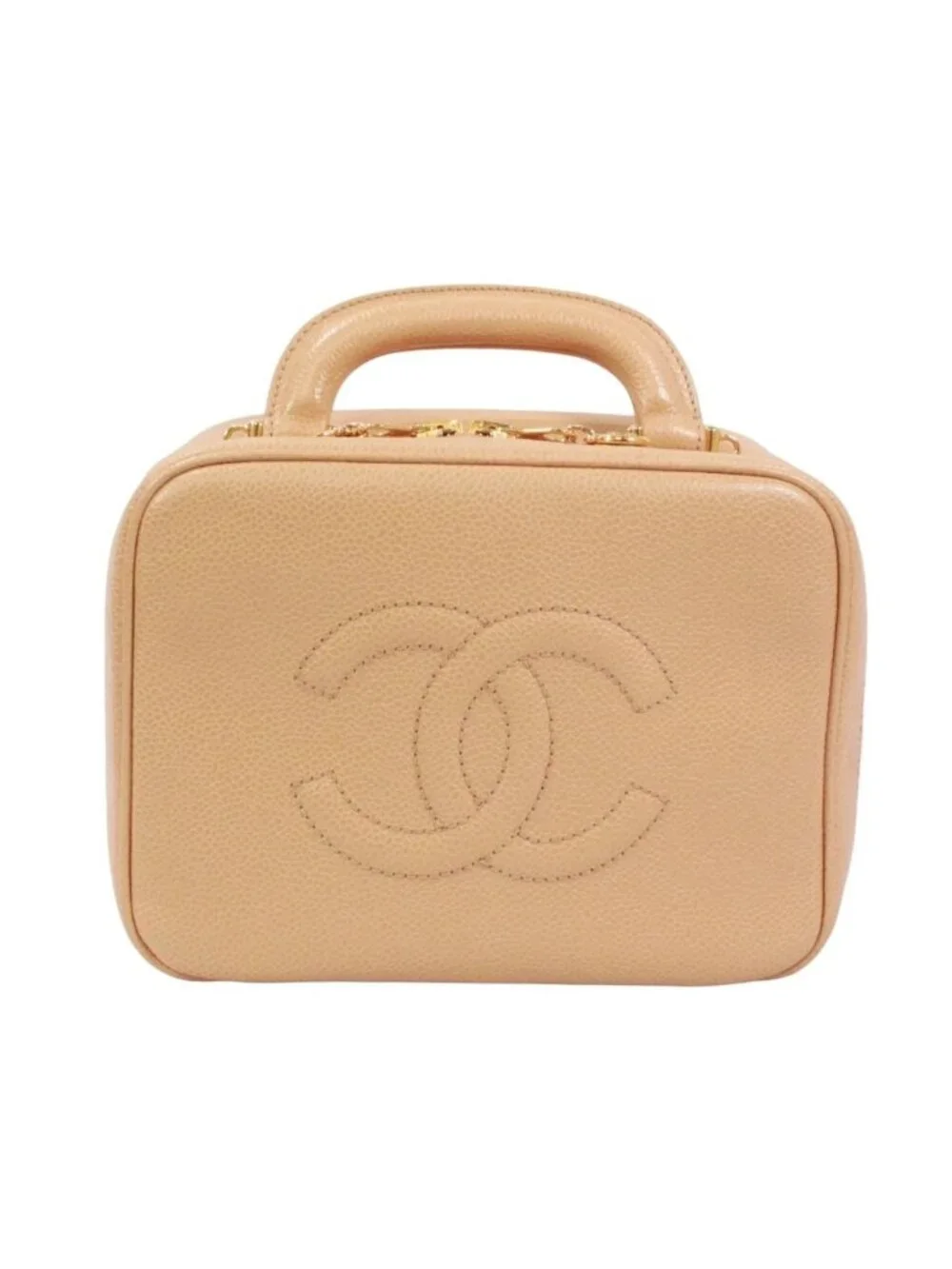 Chanel CC Logo Vanity Bag Caviar Leather Beige Handbag Gold